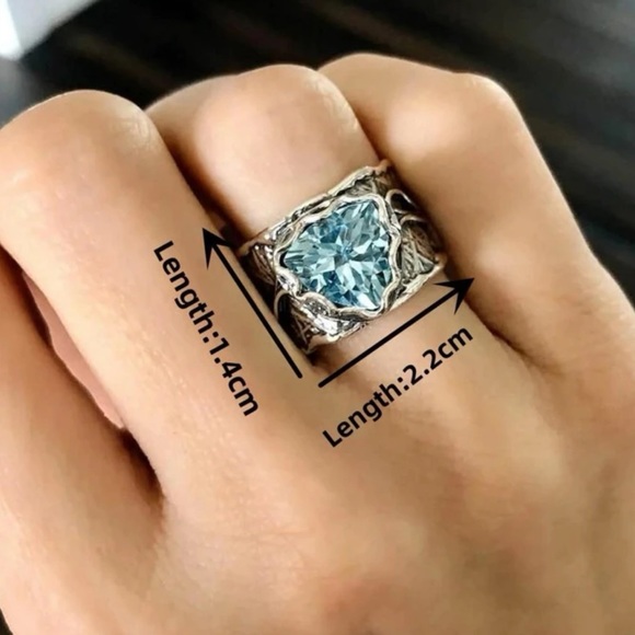 Boho Blue Gemstone Zirconia Wide Vintage Inspired, Silver Plated Fairy, Ring 7 - Picture 10 of 12